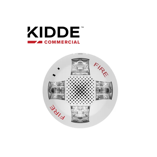 SIRENA CON LUZ ESTROBOSCOPICA MONTAJE EN  TECHO  / KIDDE  EGCAVWF / COLOR BLANCO  CON LA PALABRA FIRE  15-115 CD  INCLUYE  PLACA DE CABLEADO GRSW