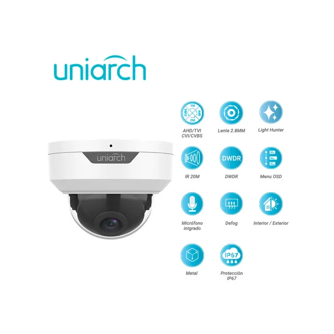 CAMARA ANALOGICA LIGHTHUNTER DOMO  UNIARCH UAC-D122-AF28M / UAC-D122-AF28M-H  / 2MP / AHD/TVI/CVI/CVBS / LENTE FIJO 2.8 MM / 12 VCD / IP67 / IR 20M / DWDR  / MENU OSD / MIC INCLUIDO / DEFOG / 3 AXIS / INTERIOR / EXTERIOR / METALICA