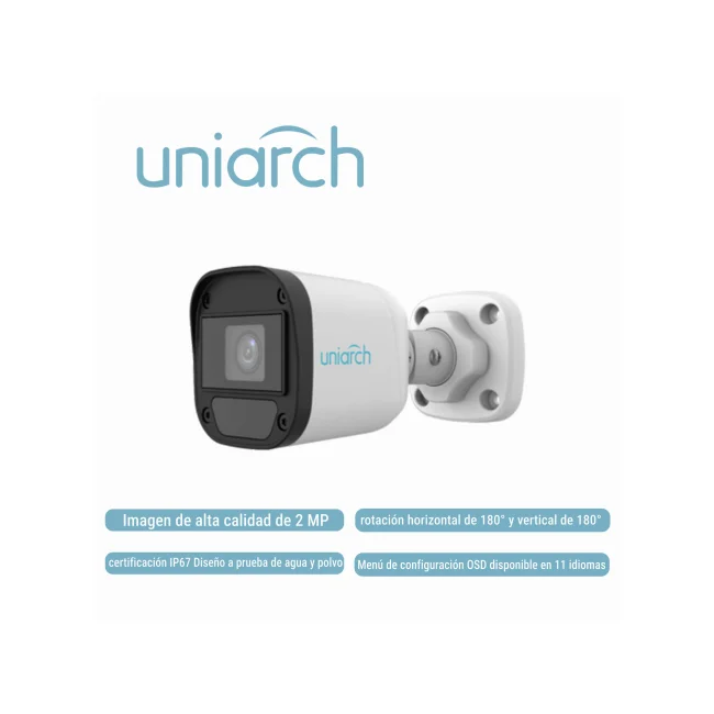 CAMARA ANALOGA BULLET UNIARCH UAC-B112-F28-X-H / 2MP / TVI/AHD/CVI: 1080P@30fps / LENTE-2.8MM / DWDR / IR20M / OSD-MENU / 3DNR / INTERIOR+EXTERIOR / ADMITE-GIRO180GRADOS(HORIZONTAL+VERTICAL) / PLASTICA / IP67 / 12VCD
