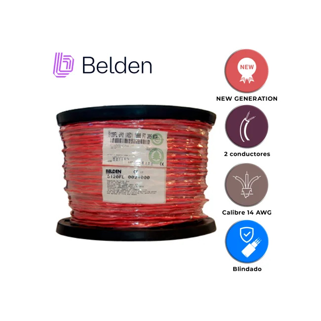 CABLE DE ALARMA CONTRA INCENDIOS BELDEN 5120FL 0021000 / INTERIOR / ROJO / 2 CONDUCTORES / 14 AWG / SOLIDO / FORRO PVC / CMR - FPLR / BLINDADO / BOBINA / 1,000 PIES 305 METROS image 4