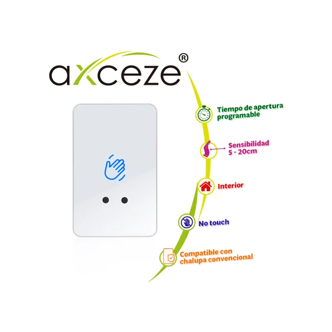 BOTON DE PETICION DE SALIDA SIN CONTACTO AX-B160 FORMATO VERTICAL CUBIERTA PLASTICA BLANCA CUENTA CON LED INDICADOR DE ESTADO PERMITE AJUSTAR LA DISTANCIA DE DETECCION Y TIEMPO DE RESPUESTA PARA GENERAR LA APERTURA