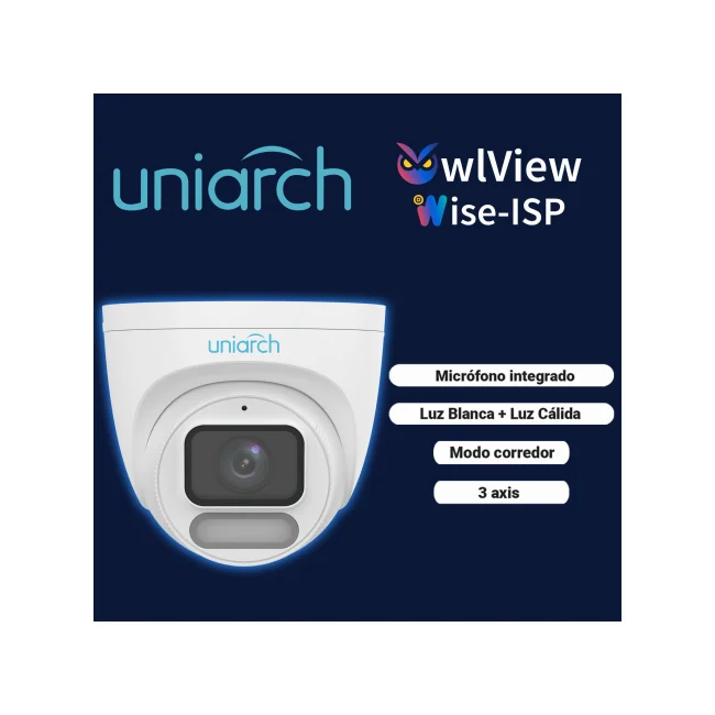 CAMARA IP TURRET OWLVIEW UNIARCH IPC-T244-ADF28K-WP / 4MP / LENTE 2.8MM / WDR120DB / LUZ-BLANCA+LUZ-CALIDA30M / MICROSD512GB / MICROFONO-INTEGRADO / ULTRA-MOTION-DETECTION / POE-AF / ONVIF / 3-AXIS / IP67 / METAL+PLASTICO / ULTRA265 / NDAA / SERIE HALO / MODOCORREDOR