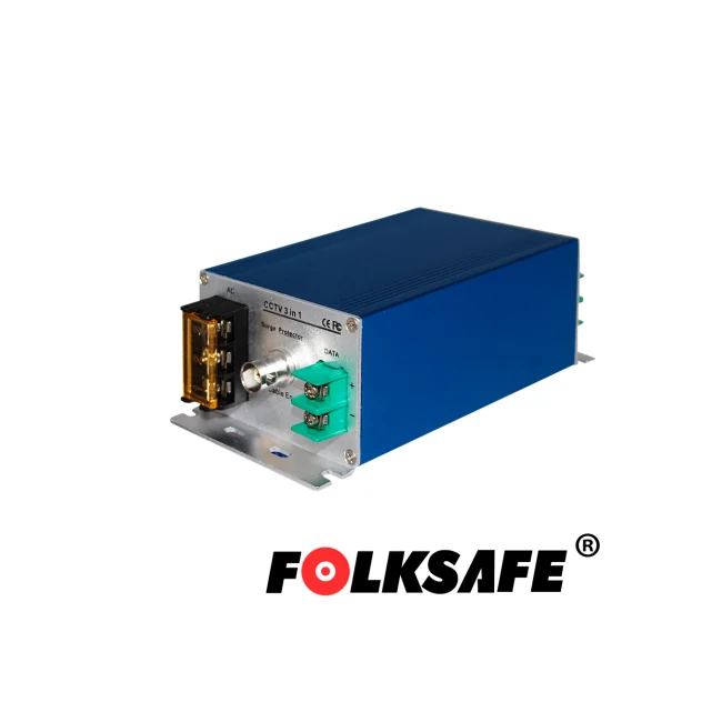 PROTECTOR CONTRA SOBRETENSIONES FOLKSAFE FS-SP3001VPD/24 , PROTEGE CONTRA SOBRETENSIONES DE HASTA 10KA EN VIDEO(BNC), 20KA EN VOLTAJE Y 10KA EN DATOS, RECOMENDABLE PARA CAMARA PTZ CON VOLTAJE DE OPERACION 24VAC, CARCASA ALEACION DE ALUMINIO CON PROTECCION IP20