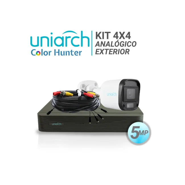 KIT 4X4 ANALOGICO UNIARCH EXTERIOR BULLET COLOR HUNTER 5MP IP67 TVI/AHD/CVI/CVBS INCLUYE 1 XVR 4 BNC+2 IP / + 4 CAM BULLET COLOR HUNTER 5MP 2.8MM + 4 CABLES PREPONCHADOS DE 18MTS + FUENTE DE ALIMENTACION 12VDC Y UN PULPO DE 5 SALIDAS