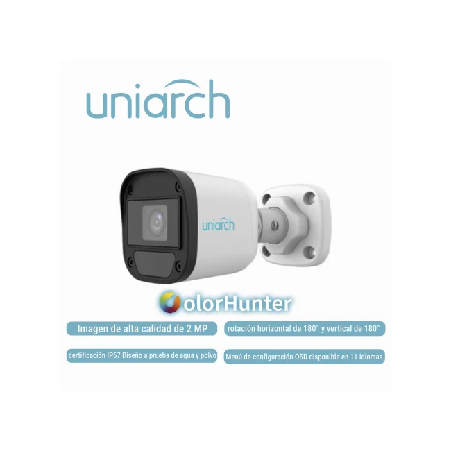 CAMARA ANALOGA BULLET COLORHUNTER UNIARCH UAC-B112-F28-W-X-H / 2MP / TVI/AHD/CVI: 1080P@30fps / LENTE-2.8MM / WDR / IR20M / INTERIOR+EXTERIOR / LUZ BLANCA / ADMITE-GIRO180GRADOS(HORIZONTAL+VERTICAL) / PLASTICA-GRAFENO / IP67 / 12 VCD/