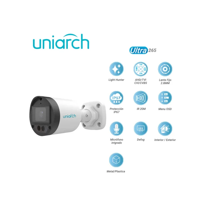 CAMARA ANALOGICA LIGHTHUNTER BULLET UNIARCH UAC-B122-AF28LM / UAC-B122-AF28LM-H / 2MP / AHD/TVI/CVI/CVBS / LENTE FIJO 2.8MM / 12VCD / IP67 / IR 20M / DWDR / MENU OSD / MICROFONO INTEGRADO / DEFOG / INTERIOR / EXTERIOR / METAL PLASTICA