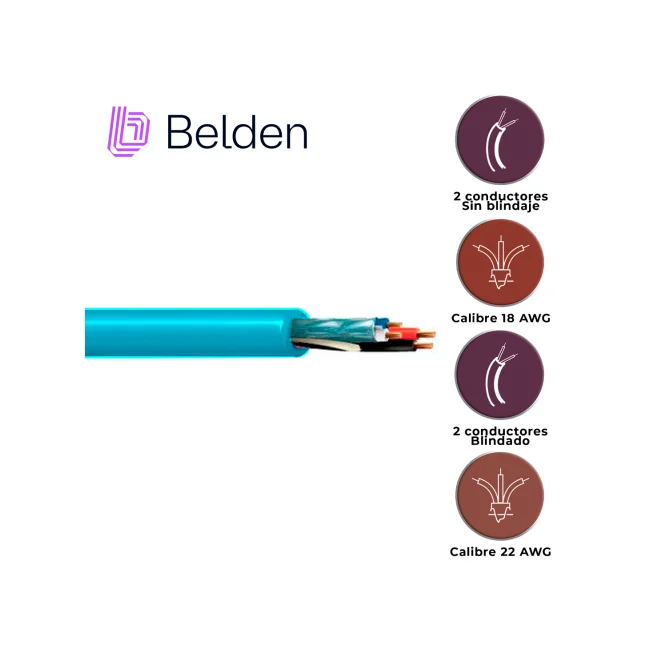 CABLE DE ILUMINACION Y AUTOMATIZACION BELDEN 1392A G751000 / INTERIOR / AQUA / 2 CONDUCTORES 18 AWG (ALIMENTACION) NO BLINDADO + 2 CONDUCTORES 22 AWG (DATOS) BLINDADO / FORRO PVC / CMR / BOBINA / 1,000 PIES 305 METROS