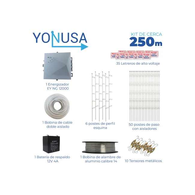 KIT DE CERCA ELECTRIFICADA CON ACCESORIOS PARA 250METROS INCLUYE:
ENERGIZADOR, BATERIA ENS-BT412, CABLE, ALAMBRE, POSTES, LETREROS Y TENSORES