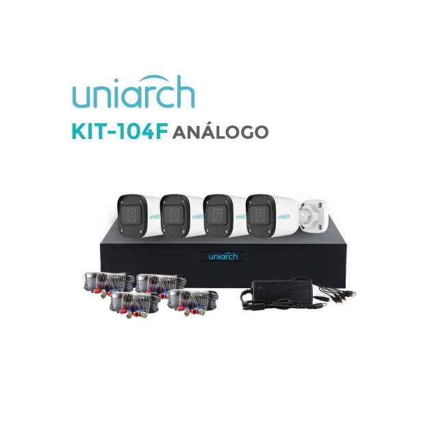 KIT 4X4 HD 2MP UNIARCH KIT-104F / 4CAMARAS-BULLET-UAC-B112-F28 /  2MP /  XVR-104F-4CH-ANALOGICOS-2CH-IP/  4CABLES-PREPONCHADOS-18 MTS /  1DISTRIBUIDOR-ENERGIA-4SALIDAS / FUENTE-12VDC