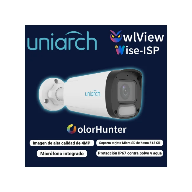 CAMARA IP BULLET OWLVIEW UNIARCH IPC-B244-ADF28K-WP / 4MP / LENTE 2.8MM / WDR120DB / LUZ-BLANCA+LUZ-CALIDA30M / MICROSD512GB / MICROFONO-INTEGRADO / ULTRA-MOTION-DETECTION / POE-AF / ONVIF / 3-AXIS / IP67 / METAL+PLASTICO / ULTRA265 / NDAA / SERIE HALO / MODOCORREDOR