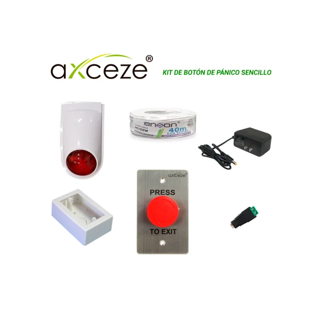 KIT DE BOTON DE PANICO SENCILLO CON 1x BOTON DE PARO O EMERGENCIA AX-L60 + 1x SIRENA-ESTROBO PAM-SL500 + 1x FUENTE DE PODER PS-1215 + 1x CABLE ALARMA ROLLO 32202W040 + 1x CONECTOR CORRIENTE ENS-FC01 + 1x TMK7902-02001