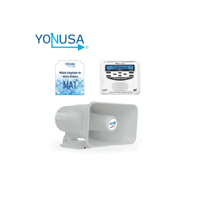 KIT ALERTA SISMICA YONUSA. CONTIENE EL AUDIO OFICIAL DE ALERTA SISMICA MEXICANO PARA EMISION DE ALERTAS TEMPRANAS. RESPALDO DE BATERIA, 120 DB DE SALIDA SONORA. COMPATIBLE CON CUALQUIER RADIO METEOROLOGICO, WIFI SISMICO YONUSA Y MULTIPUNTO YONUSA.